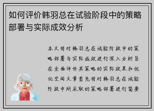 如何评价韩羽总在试验阶段中的策略部署与实际成效分析