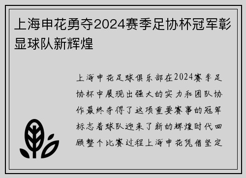 上海申花勇夺2024赛季足协杯冠军彰显球队新辉煌 上海申花勇夺2024赛季足协杯冠军彰显球队新辉煌