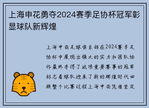 上海申花勇夺2024赛季足协杯冠军彰显球队新辉煌